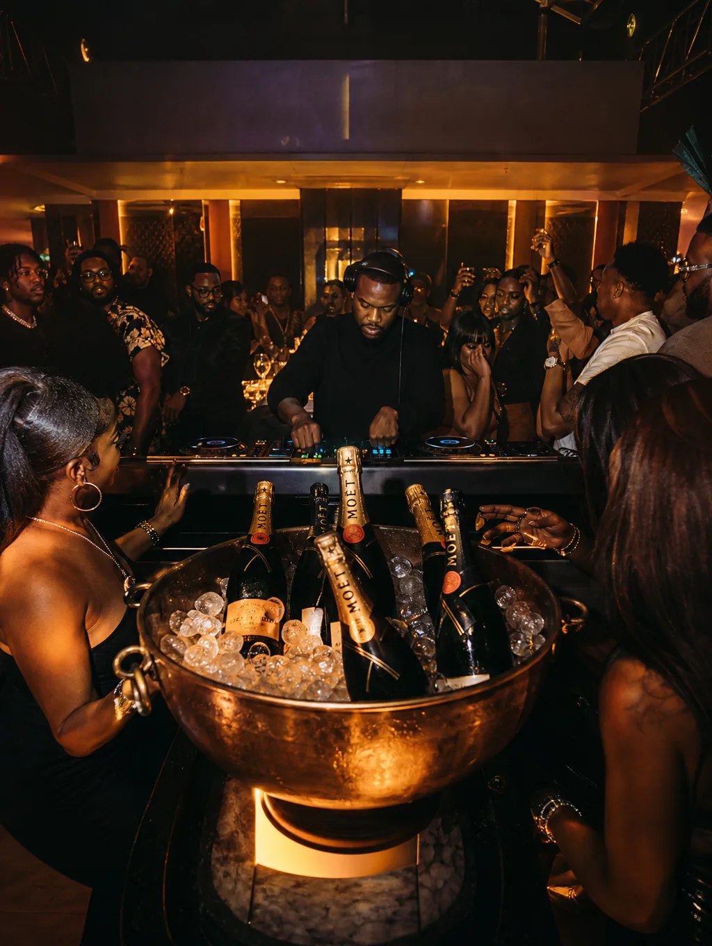 Table VIP avec bouteilles et vue sur la ville la nuit